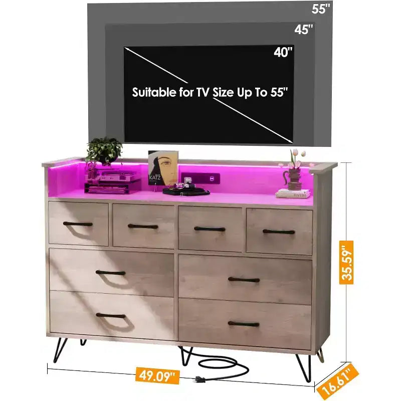 Zstar 8 Drawers Dresser for Bedroom, Living Room, Entryway with LED Light & Charging Station