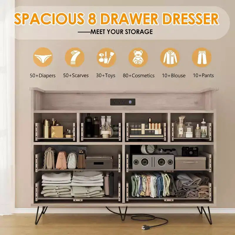 Zstar 8 Drawers Dresser for Bedroom, Living Room, Entryway with LED Light & Charging Station