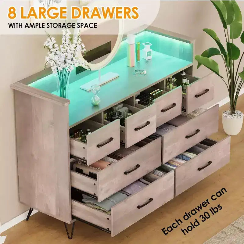 Zstar 8 Drawers Dresser for Bedroom, Living Room, Entryway with LED Light & Charging Station