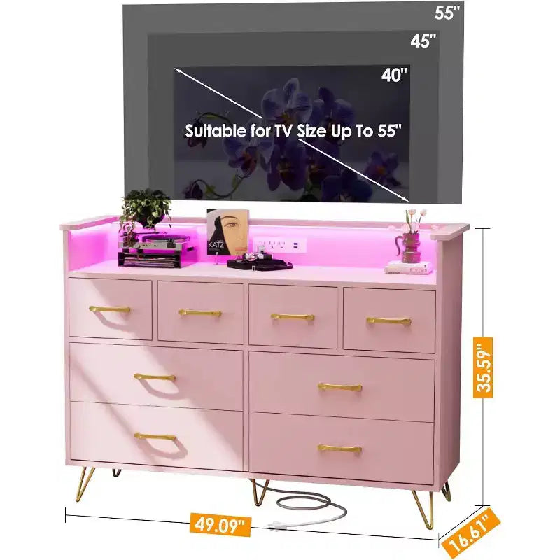 Zstar 8 Drawers Dresser for Bedroom, Living Room, Entryway with LED Light & Charging Station