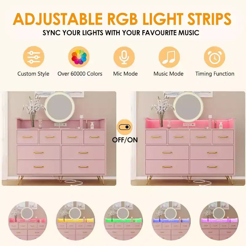 Zstar 8 Drawers Dresser for Bedroom, Living Room, Entryway with LED Light & Charging Station