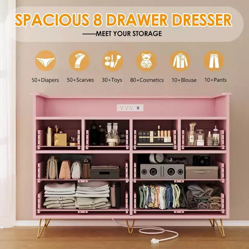 Zstar 8 Drawers Dresser for Bedroom, Living Room, Entryway with LED Light & Charging Station