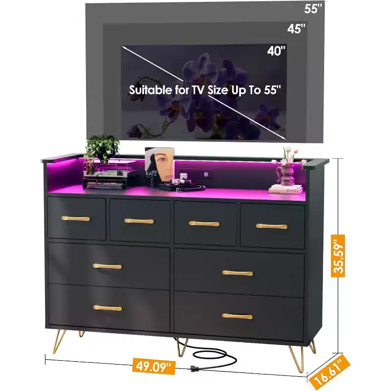 Zstar 8 Drawers Dresser for Bedroom, Living Room, Entryway with LED Light & Charging Station