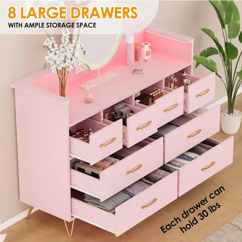 Zstar 8 Drawers Dresser for Bedroom, Living Room, Entryway with LED Light & Charging Station