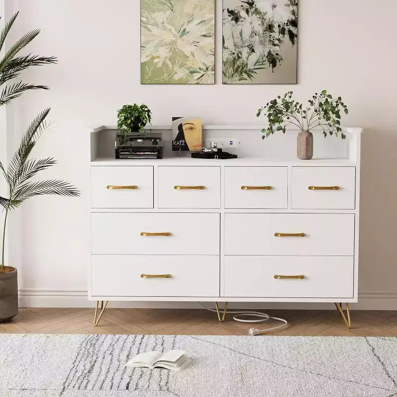 Zstar 8 Drawers Dresser for Bedroom, Living Room, Entryway with LED Light & Charging Station