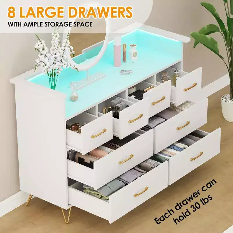Zstar 8 Drawers Dresser for Bedroom, Living Room, Entryway with LED Light & Charging Station