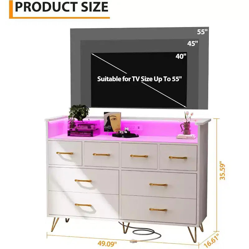 Zstar 8 Drawers Dresser for Bedroom, Living Room, Entryway with LED Light & Charging Station