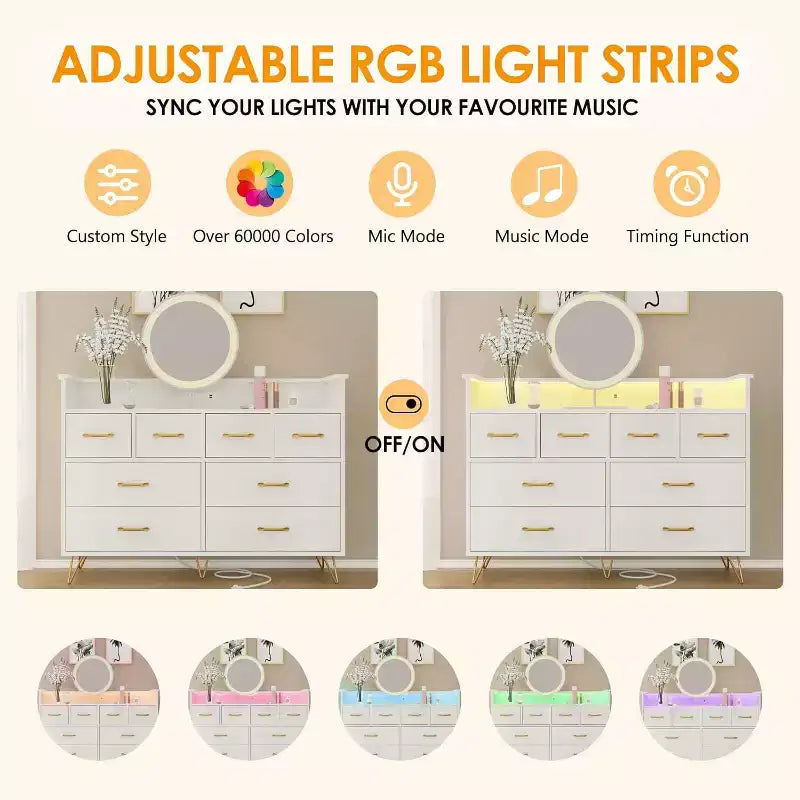 Zstar 8 Drawers Dresser for Bedroom, Living Room, Entryway with LED Light & Charging Station