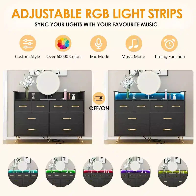 Zstar 8 Drawers Dresser for Bedroom, Living Room, Entryway with LED Light & Charging Station