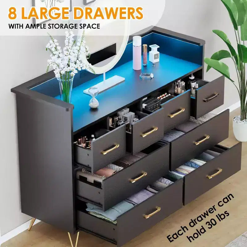 Zstar 8 Drawers Dresser for Bedroom, Living Room, Entryway with LED Light & Charging Station