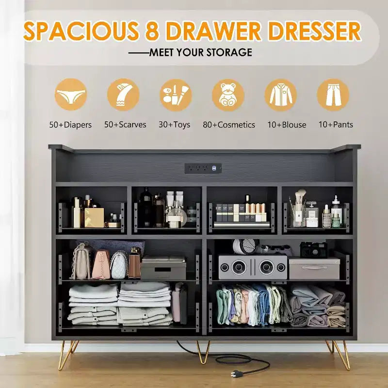 Zstar 8 Drawers Dresser for Bedroom, Living Room, Entryway with LED Light & Charging Station