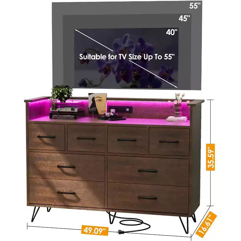 Zstar 8 Drawers Dresser for Bedroom, Living Room, Entryway with LED Light & Charging Station