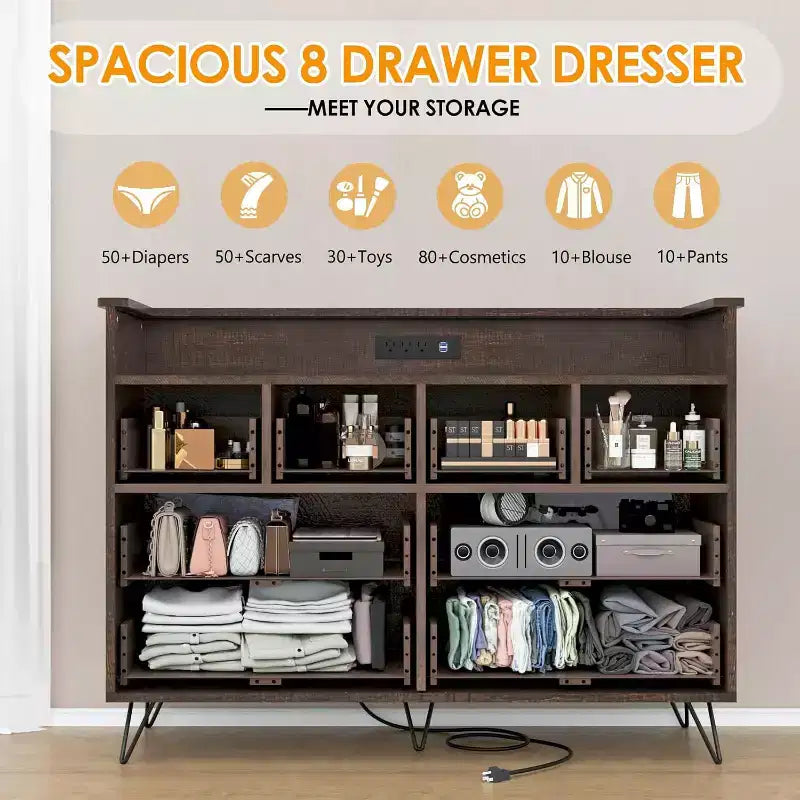 Zstar 8 Drawers Dresser for Bedroom, Living Room, Entryway with LED Light & Charging Station