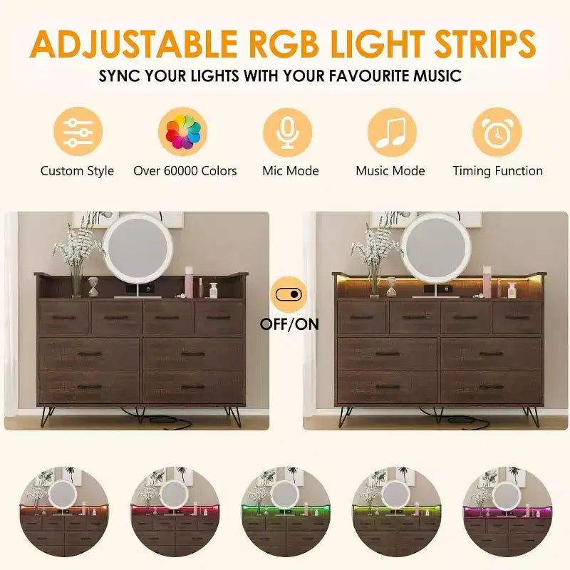 Zstar 8 Drawers Dresser for Bedroom, Living Room, Entryway with LED Light & Charging Station