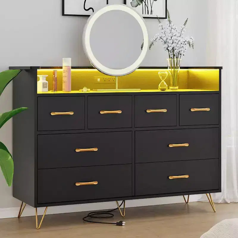 Zstar 8 Drawers Dresser for Bedroom, Living Room, Entryway with LED Light & Charging Station