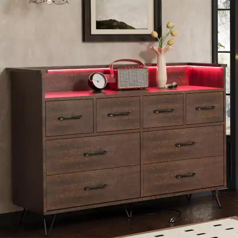 Zstar 8 Drawers Dresser for Bedroom, Living Room, Entryway with LED Light & Charging Station