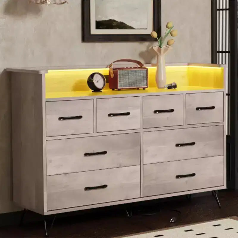 Zstar 8 Drawers Dresser for Bedroom, Living Room, Entryway with LED Light & Charging Station