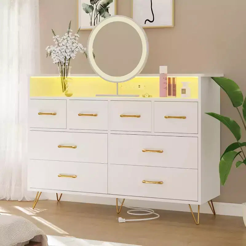 Zstar 8 Drawers Dresser for Bedroom, Living Room, Entryway with LED Light & Charging Station