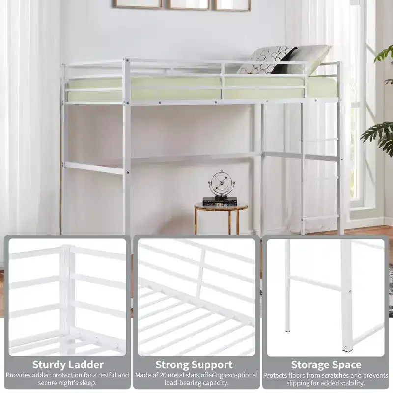 Metal Loft Bed Full Size, Loft Bed Frame with Safety Guard Rails and Flat Ladder, Twin Loft Bed for Kids Teens Adults, Gray