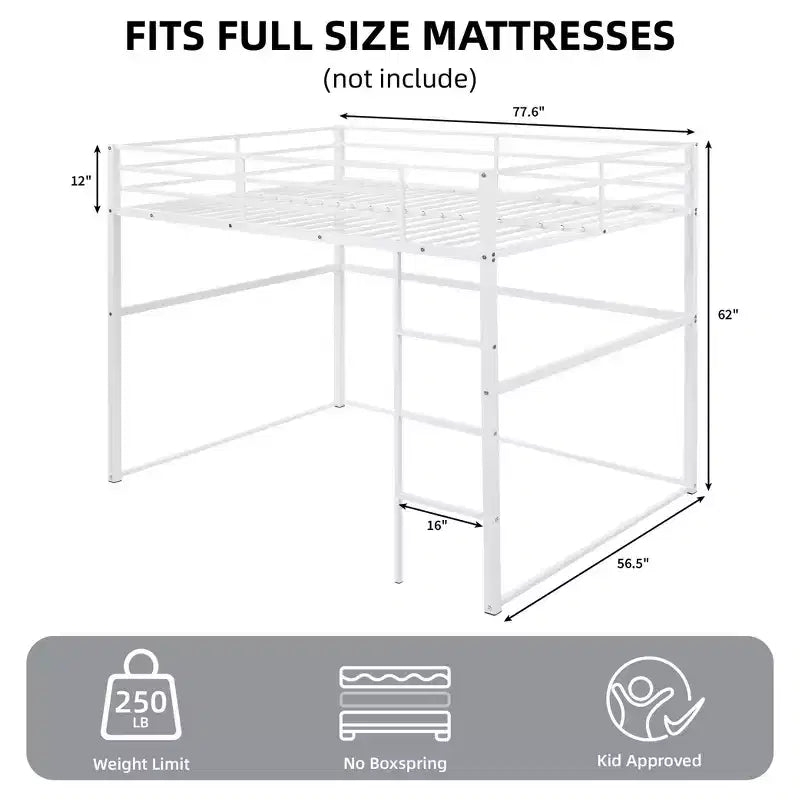 Metal Loft Bed Full Size, Loft Bed Frame with Safety Guard Rails and Flat Ladder, Twin Loft Bed for Kids Teens Adults, Gray