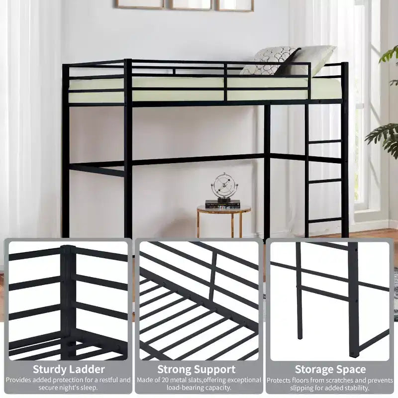 Metal Loft Bed Full Size, Loft Bed Frame with Safety Guard Rails and Flat Ladder, Twin Loft Bed for Kids Teens Adults, Gray