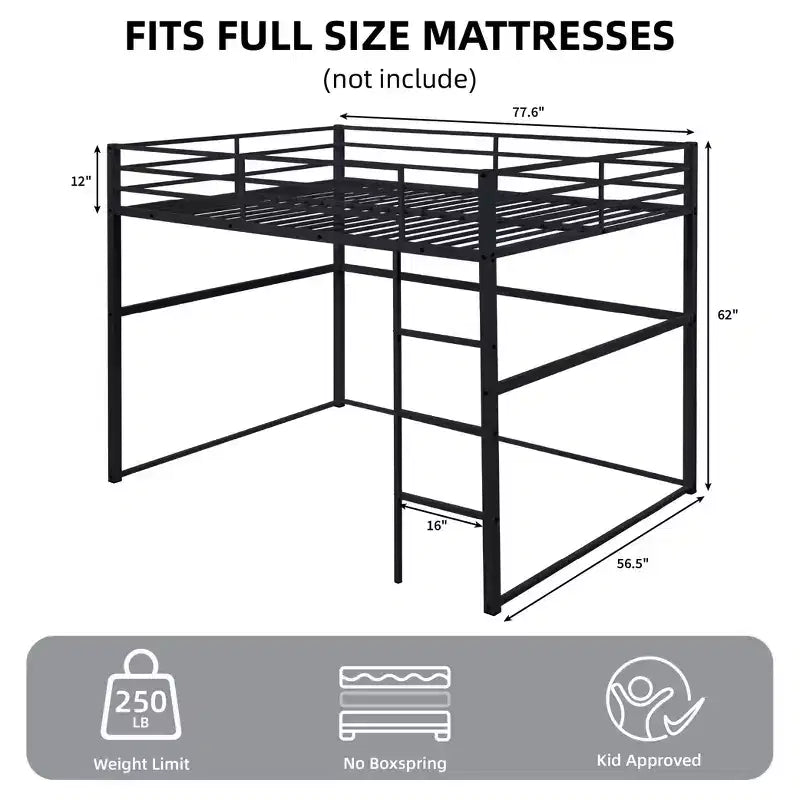 Metal Loft Bed Full Size, Loft Bed Frame with Safety Guard Rails and Flat Ladder, Twin Loft Bed for Kids Teens Adults, Gray