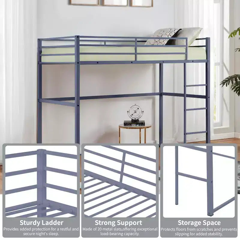 Metal Loft Bed Full Size, Loft Bed Frame with Safety Guard Rails and Flat Ladder, Twin Loft Bed for Kids Teens Adults, Gray