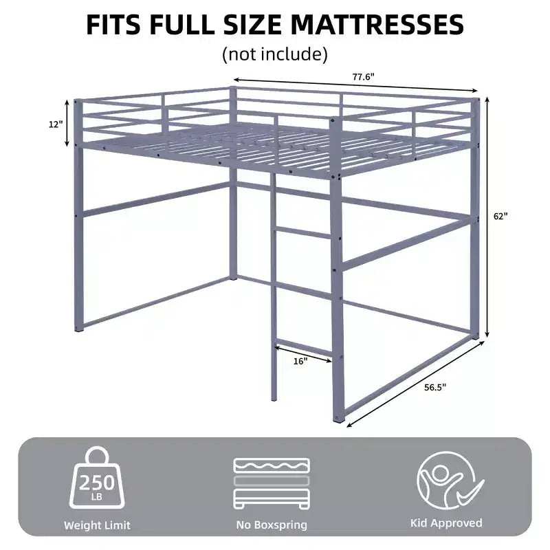 Metal Loft Bed Full Size, Loft Bed Frame with Safety Guard Rails and Flat Ladder, Twin Loft Bed for Kids Teens Adults, Gray