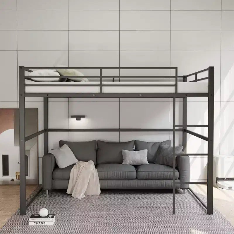 Metal Loft Bed Full Size, Loft Bed Frame with Safety Guard Rails and Flat Ladder, Twin Loft Bed for Kids Teens Adults, Gray