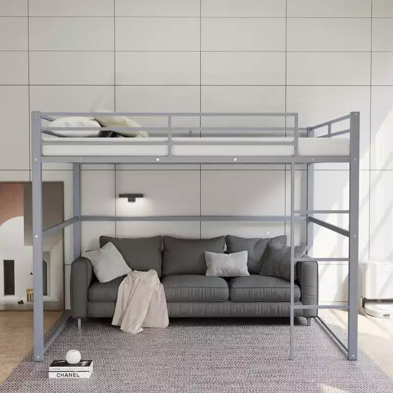 Metal Loft Bed Full Size, Loft Bed Frame with Safety Guard Rails and Flat Ladder, Twin Loft Bed for Kids Teens Adults, Gray