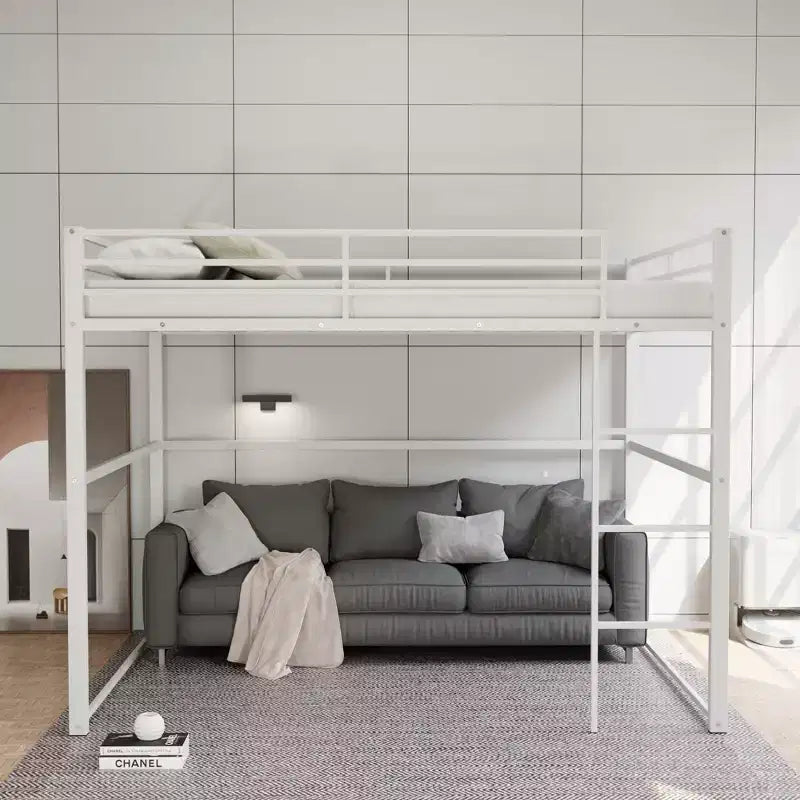 Metal Loft Bed Full Size, Loft Bed Frame with Safety Guard Rails and Flat Ladder, Twin Loft Bed for Kids Teens Adults, Gray