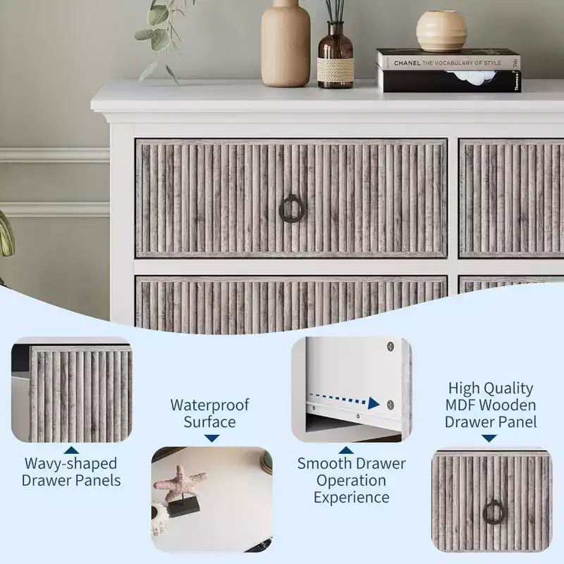 GustoWave 6 Drawer Dressers for Bedroom, Chest of Drawers with Storage & Waveform Fluted Panel Design
