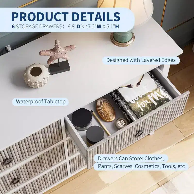 GustoWave 6 Drawer Dressers for Bedroom, Chest of Drawers with Storage & Waveform Fluted Panel Design