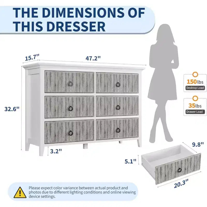 GustoWave 6 Drawer Dressers for Bedroom, Chest of Drawers with Storage & Waveform Fluted Panel Design