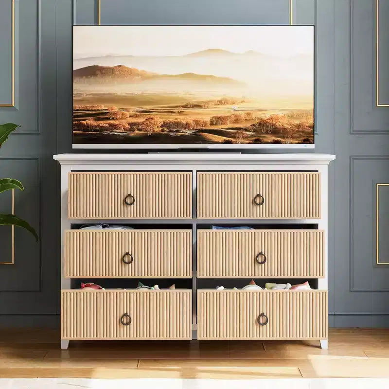 GustoWave 6 Drawer Dressers for Bedroom, Chest of Drawers with Storage & Waveform Fluted Panel Design