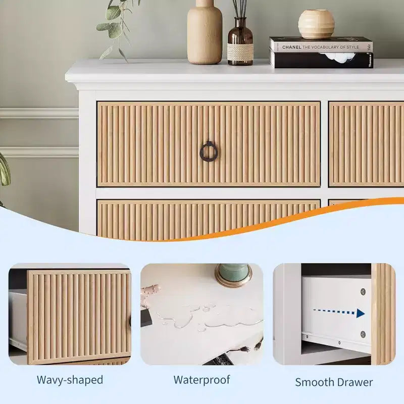 GustoWave 6 Drawer Dressers for Bedroom, Chest of Drawers with Storage & Waveform Fluted Panel Design