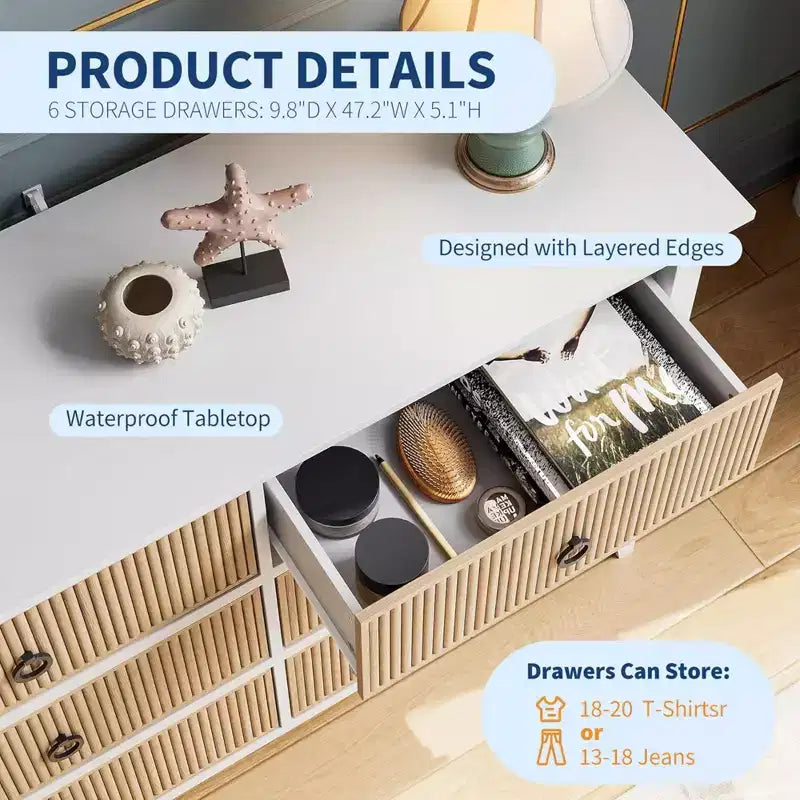 GustoWave 6 Drawer Dressers for Bedroom, Chest of Drawers with Storage & Waveform Fluted Panel Design