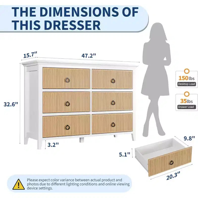 GustoWave 6 Drawer Dressers for Bedroom, Chest of Drawers with Storage & Waveform Fluted Panel Design