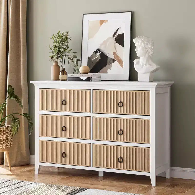 GustoWave 6 Drawer Dressers for Bedroom, Chest of Drawers with Storage & Waveform Fluted Panel Design