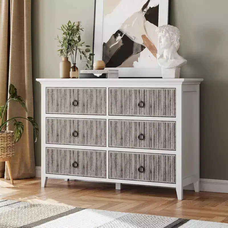 GustoWave 6 Drawer Dressers for Bedroom, Chest of Drawers with Storage & Waveform Fluted Panel Design