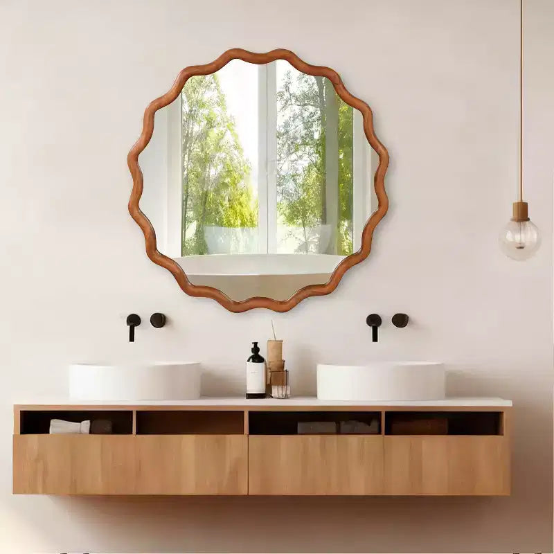 36 in. Natural Wood Color Wavy Round Solid Wood Frame Wall Mirror for Bathroom Vanity, Wooden Farmhouse Decorative Mirror for Home
