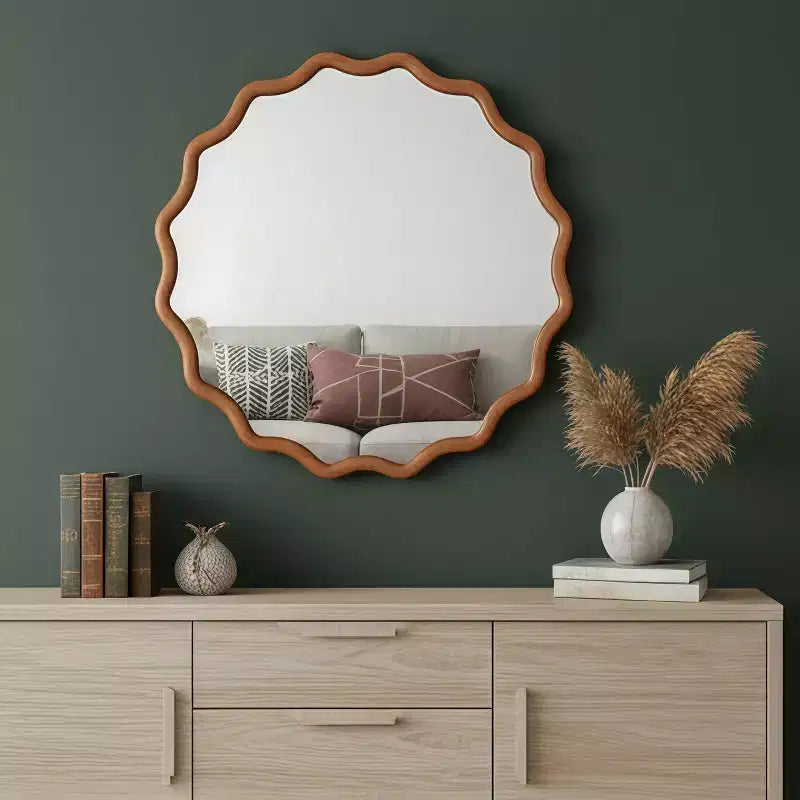 36 in. Natural Wood Color Wavy Round Solid Wood Frame Wall Mirror for Bathroom Vanity, Wooden Farmhouse Decorative Mirror for Home