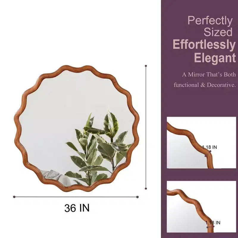36 in. Natural Wood Color Wavy Round Solid Wood Frame Wall Mirror for Bathroom Vanity, Wooden Farmhouse Decorative Mirror for Home