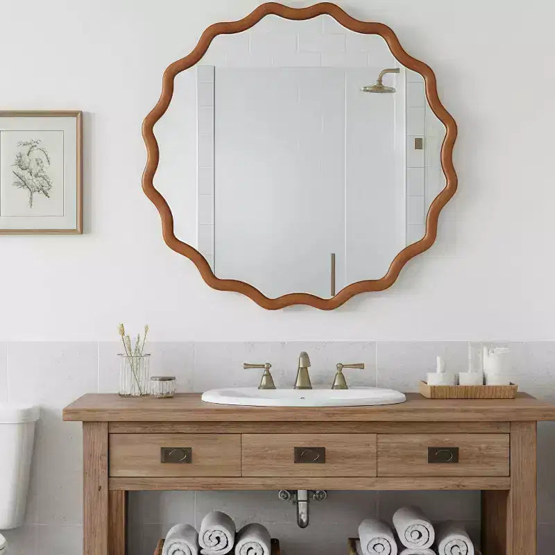 36 in. Natural Wood Color Wavy Round Solid Wood Frame Wall Mirror for Bathroom Vanity, Wooden Farmhouse Decorative Mirror for Home
