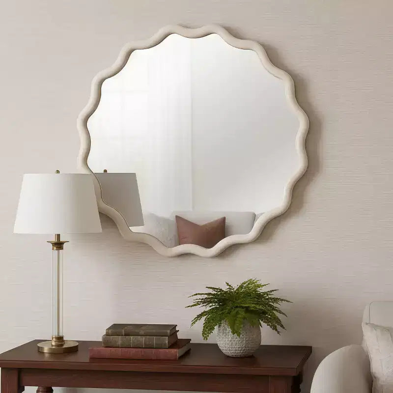 36 in. Natural Wood Color Wavy Round Solid Wood Frame Wall Mirror for Bathroom Vanity, Wooden Farmhouse Decorative Mirror for Home