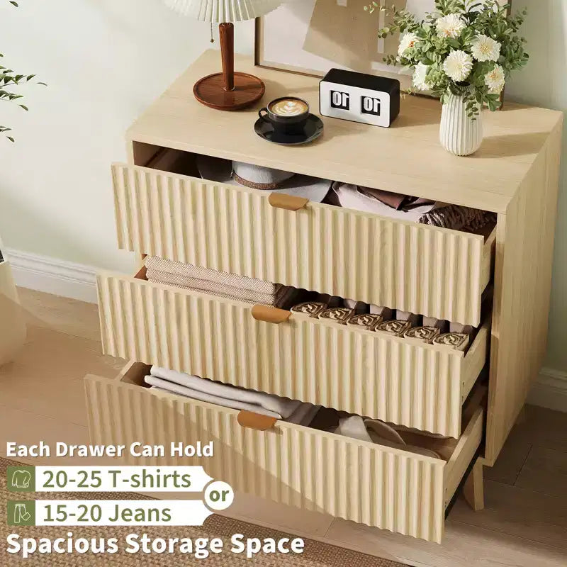 3 Drawer Dressers, Modern Fluted Closet Dressers Chest of Drawers, for Bedroom Living Room, Hallway,