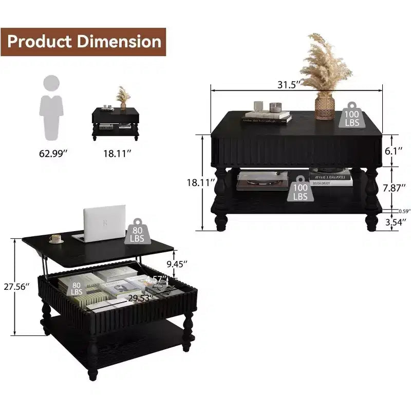 31.5 Modern Lift-Top Coffee Table with Storage, Retro Square Coffee Table with Solid Wood Legs, Stylish End Table for Living Room-Panipeachy