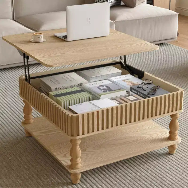 31.5 Modern Lift-Top Coffee Table with Storage, Retro Square Coffee Table with Solid Wood Legs, Stylish End Table for Living Room-Panipeachy