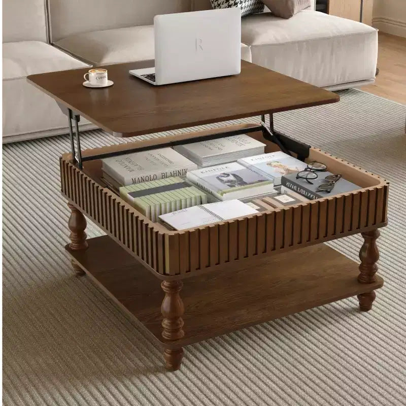 31.5 Modern Lift-Top Coffee Table with Storage, Retro Square Coffee Table with Solid Wood Legs, Stylish End Table for Living Room-Panipeachy