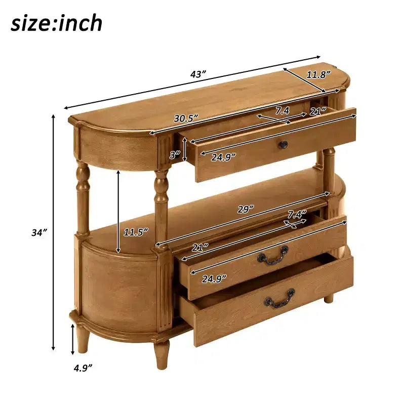 43 Retro Curved Console Table with Drawers, Solid Wood Legs Sofa Table Behind Couch, Entryway or Hallway Table with Storage Shelf-Panipeachy